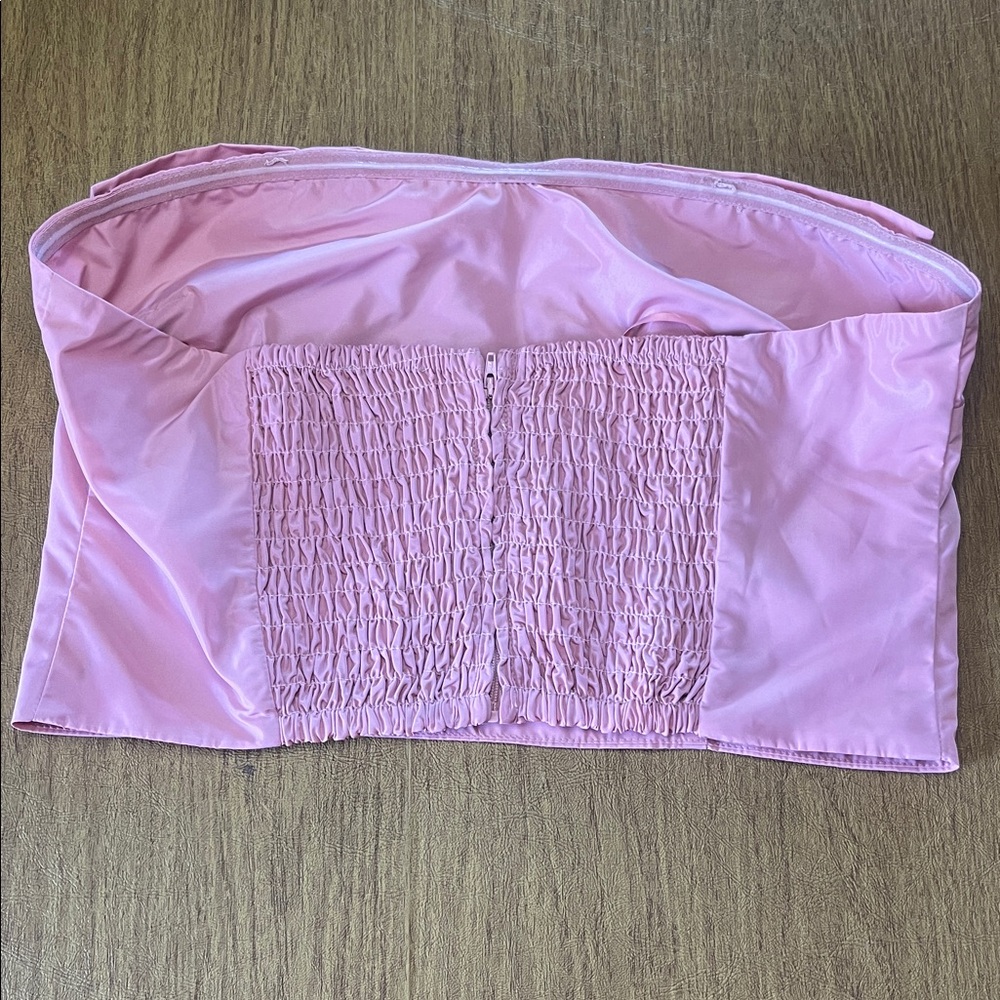 STAUD Dusty Pink Strapless Bow Crop Top, Satin Fabric, Stretchy Back, Sz L - Picture 8 of 11